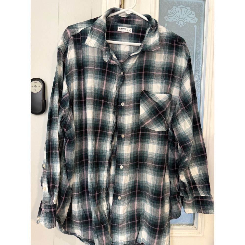 Sonoma Goods For Life Teal Plaid Flannel Button Down Shirt 2X Plus Size